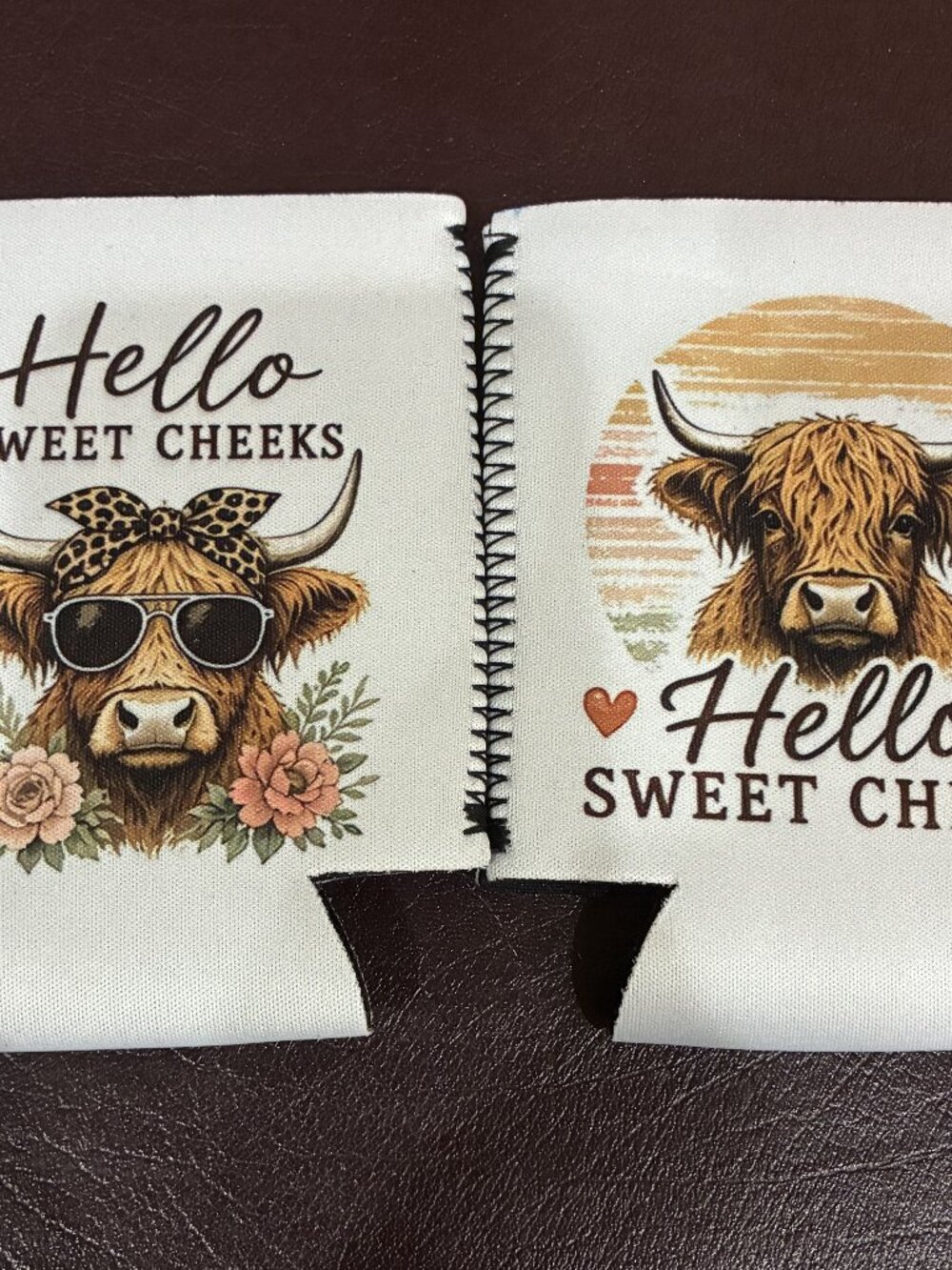 Adorable Pair of Highland Cow Insulated can cooler "Hello Sweet Cheeks"